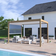 Pergola bioclimatica Ombréa® VS autoportante 3x4M - Woodlook legno naturale + 1 tenda 4M bianco