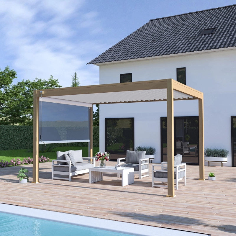 Pergola bioclimatica Ombréa® VS autoportante 3x4M - Woodlook legno naturale + 1 tenda 4M bianco