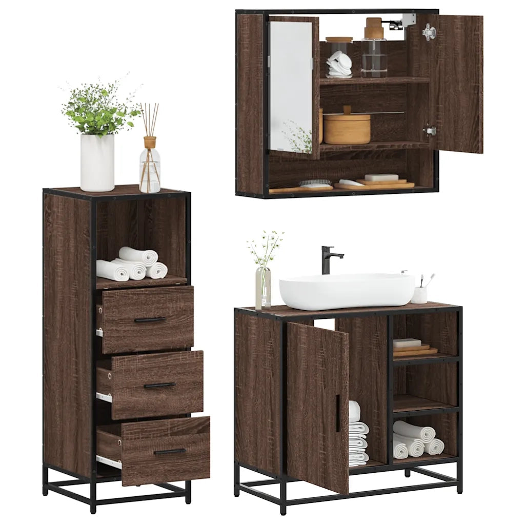 Set Mobili da Bagno 3 pz Rovere Marrone in Legno Multistrato