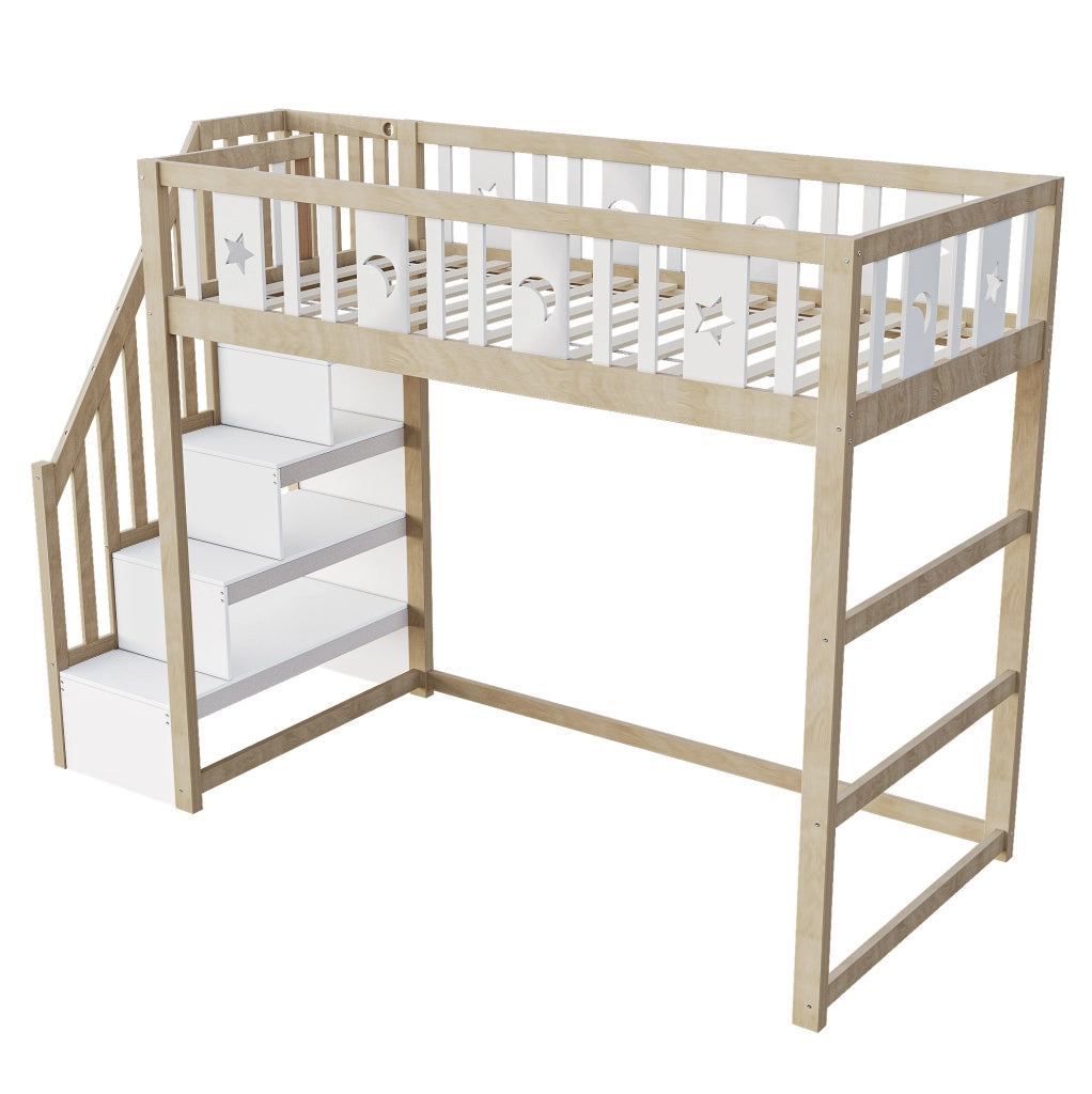Letto a soppalco per bambini 90x200 cm in legno massello; con scala e ripiani; bianco/naturale