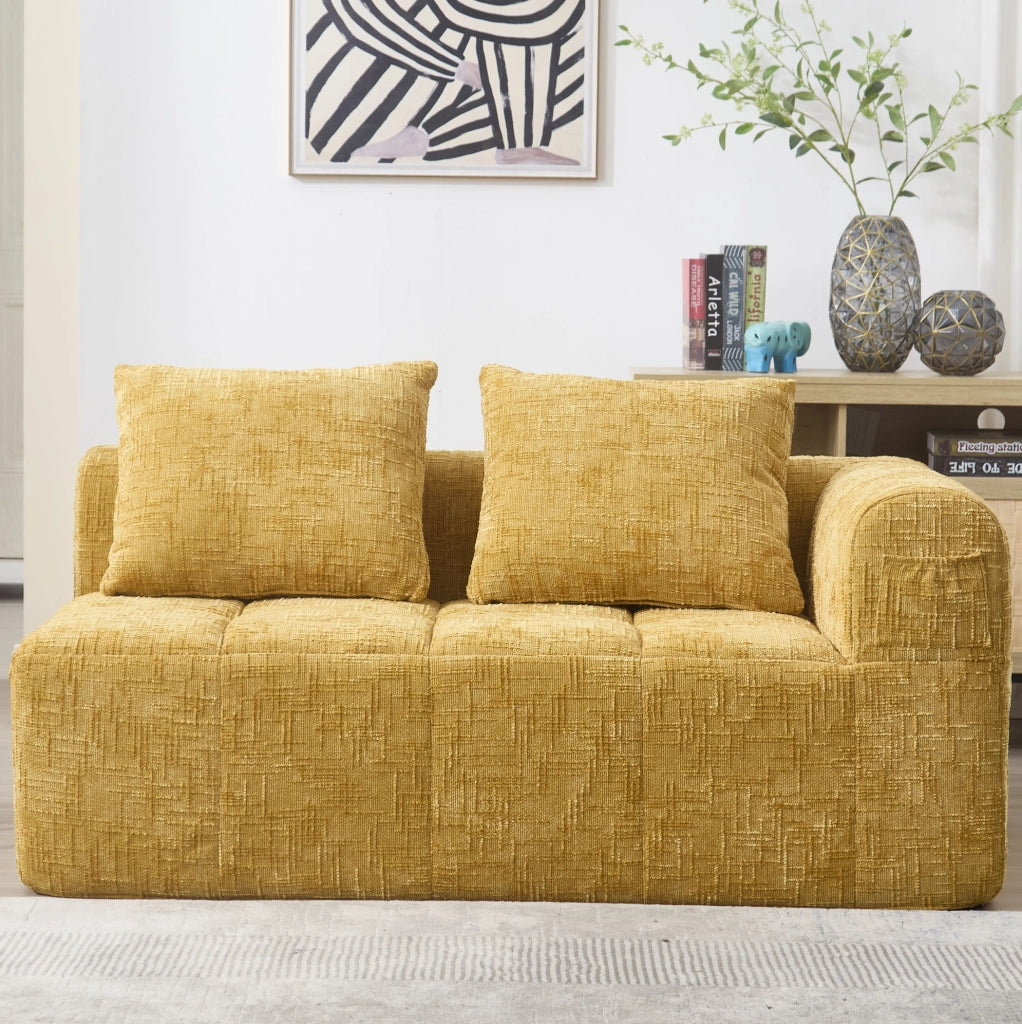 Divano 2 posti in tessuto chenille giallo con chaise longue, cuscino incluso e tasche laterali