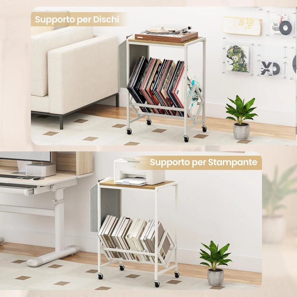Supporto per Giradischi, Porta Dischi Vinili in Legno e Metallo, Mobile con Tasca Organizer e Ruote, Fino a 200 Album, per Soggiorno, Studio e Camera da Letto (Naturale + Bianco)