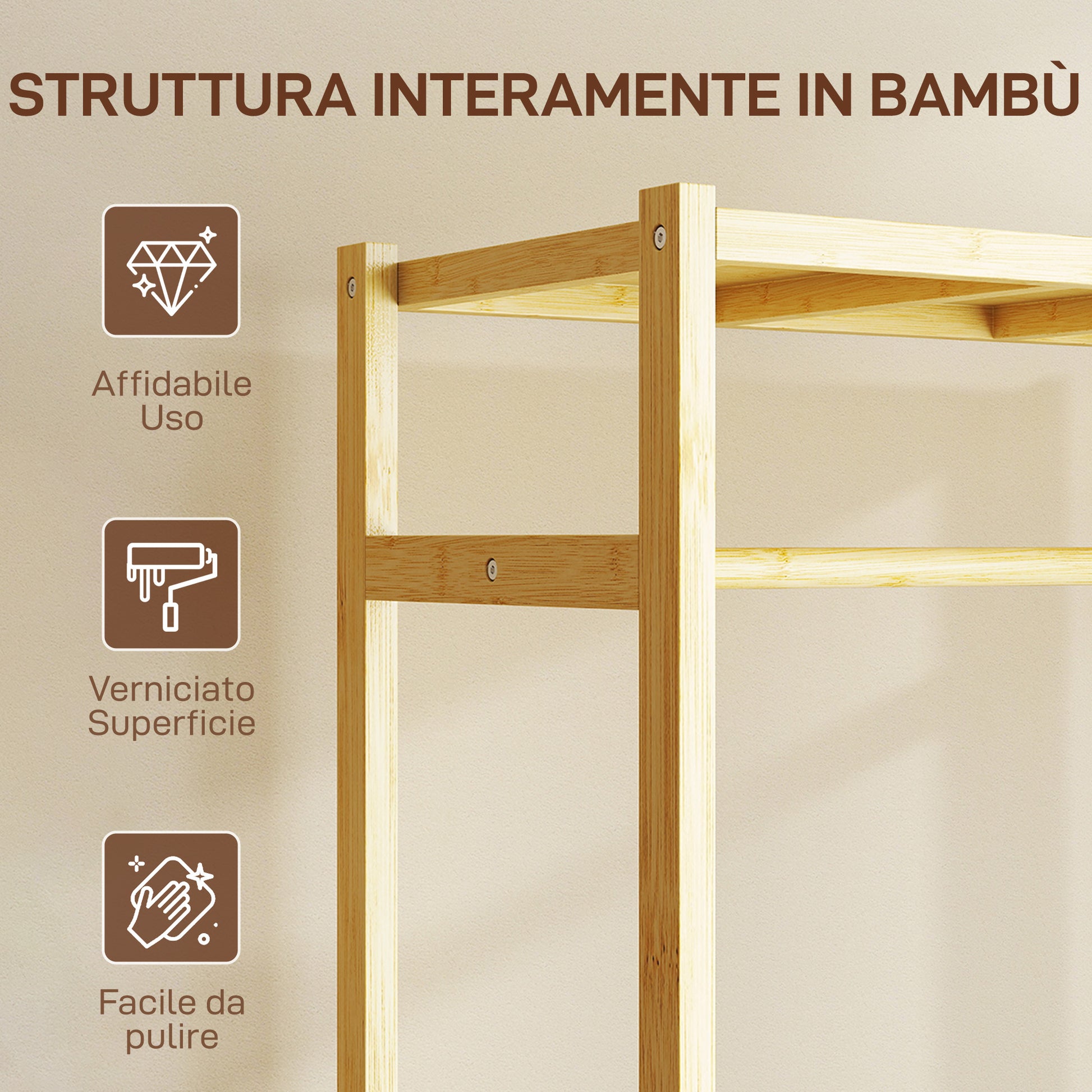 Stand Appendiabiti da Terra 70x35x175 cm con Barra Ripiani e 4 Ruote in Bambù Legno Naturale