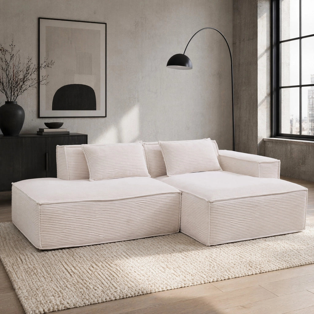 Divano Diritto 235 cm con 2 Cuscini, Design Semplice, per Soggiorno Piccolo, in Poliestere Imbottito, Beige
