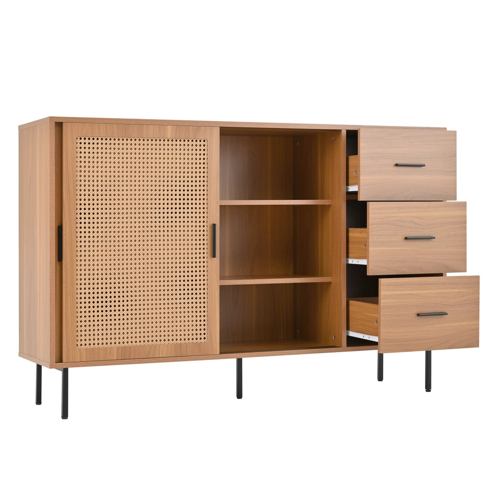 OKWISH Credenza con 2 Ante Scorrevoli in Rattan e 3 Cassetti, per Soggiorno o Sala da Pranzo, Truciolare, 140 x 37 x 91 cm