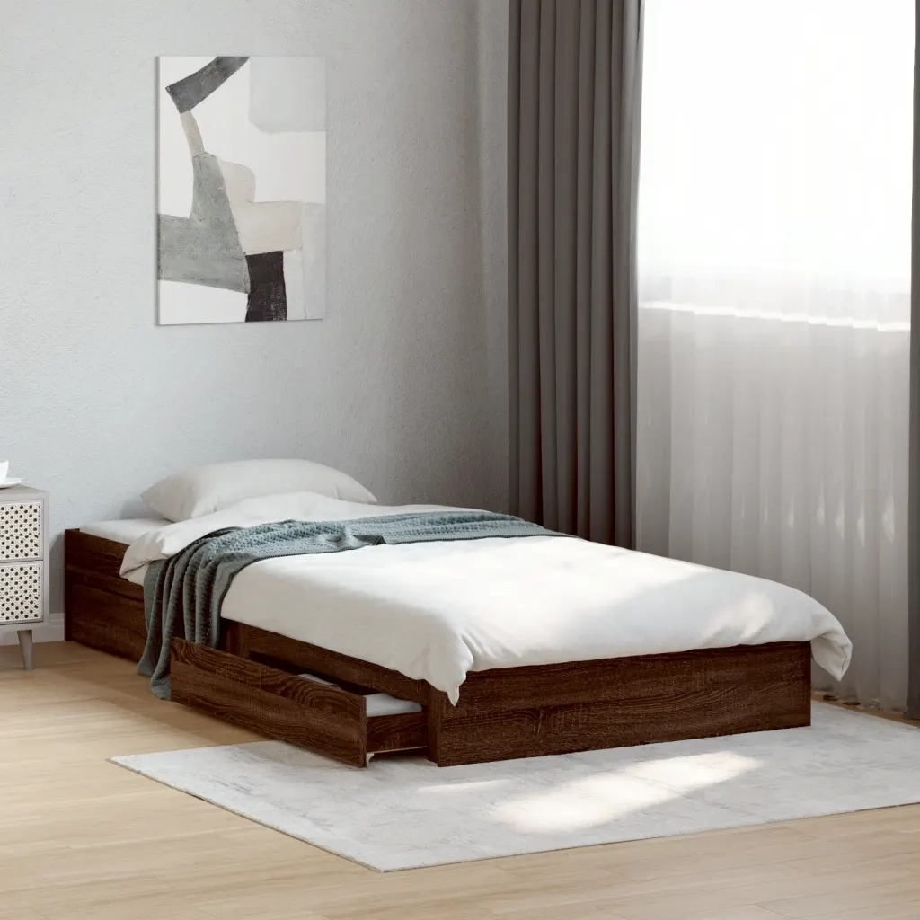 Letto singolo | Letto per adulti | Giroletto Cassetti Rovere Marrone 75x190 cm Legno Multistrato