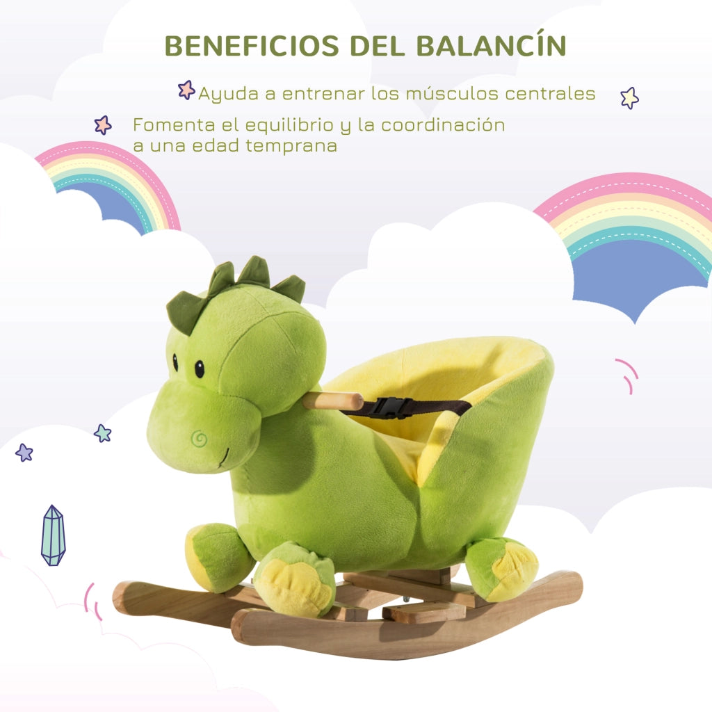 Dondolo dinosauro in tessuto per bambini 18-36 mesi ¨C Xylo ¨C con suoni, cintura di sicurezza, 60x33x45 cm verde