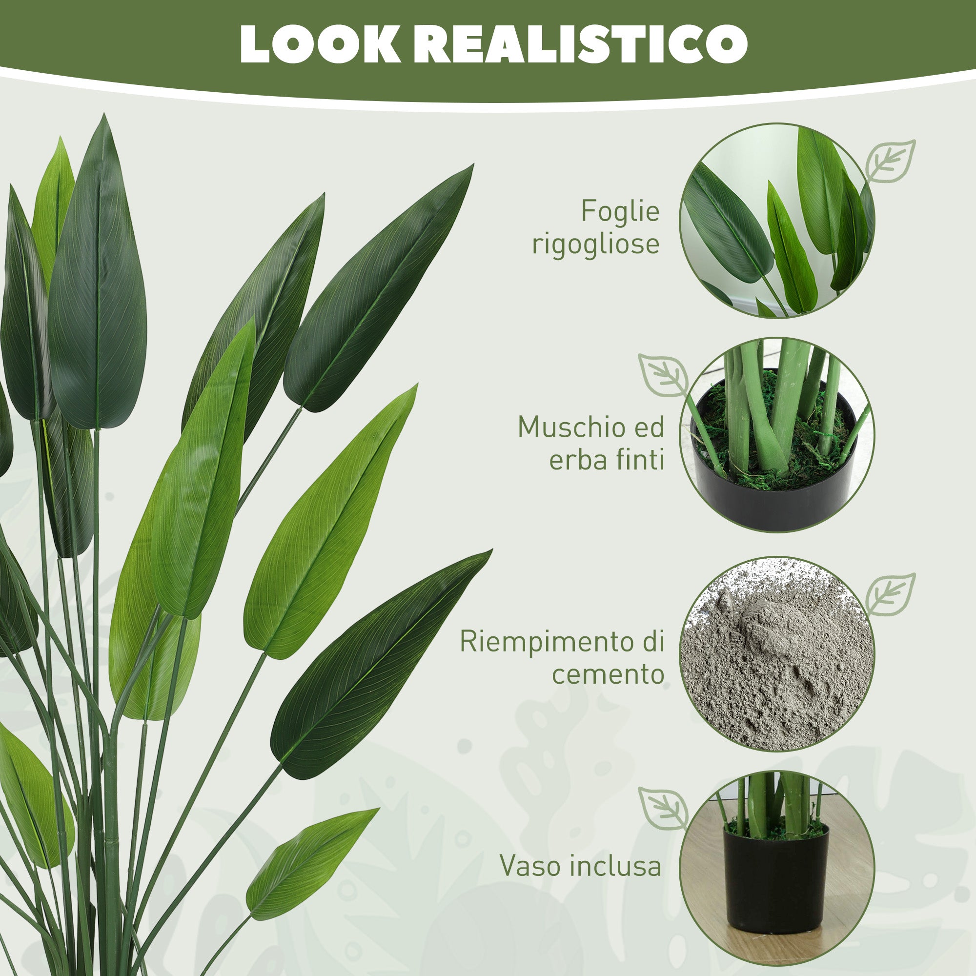 Pianta Artificiale Uccello del Paradiso 20 Foglie da 140 cm con Vaso in PE e PP Verde