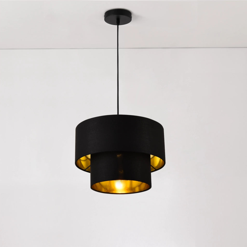 Lampada a Sospensione Lopar con Doppio Paralume in Tessuto Ø 30 cm - Nero / Oro lux.pro
