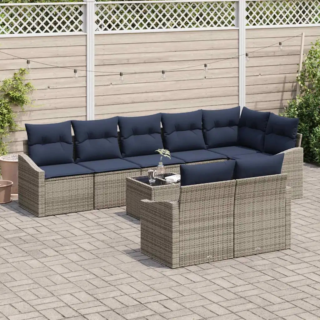 Set Divano da Giardino 9 pcs Grigio e Blu Navy polyrattan