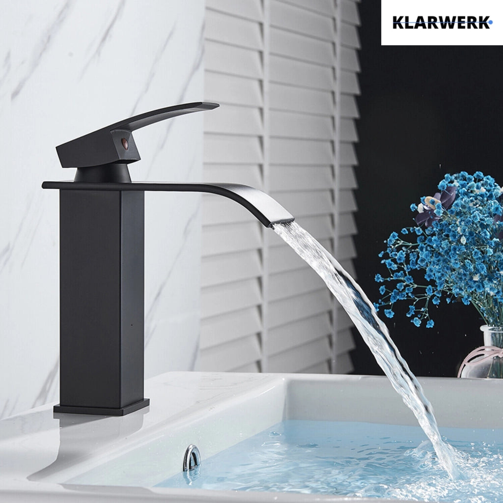 ROSA | Rubinetto da bagno Premium Hotel Waterfall Nero | Miscelatore per lavabo in acciaio inox per catering | Rubinetto dal design quadrato