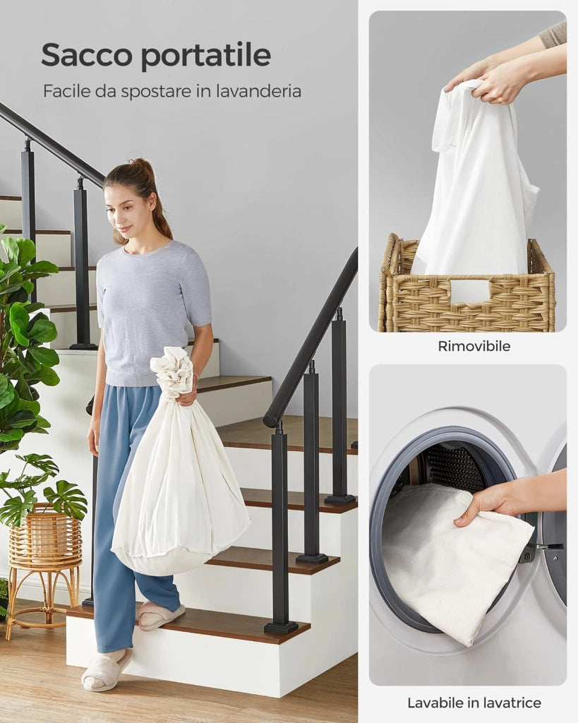 SONGMICS Cesto Portabiancheria con Coperchio, 140L, Cesta Biancheria in Rattan Sintetico con Ruote, 3 Scomparti, Sacco Rimovibile, Lavanderia Camera da Letto, 66 x 33 x 66 cm, Naturale LCB363N01