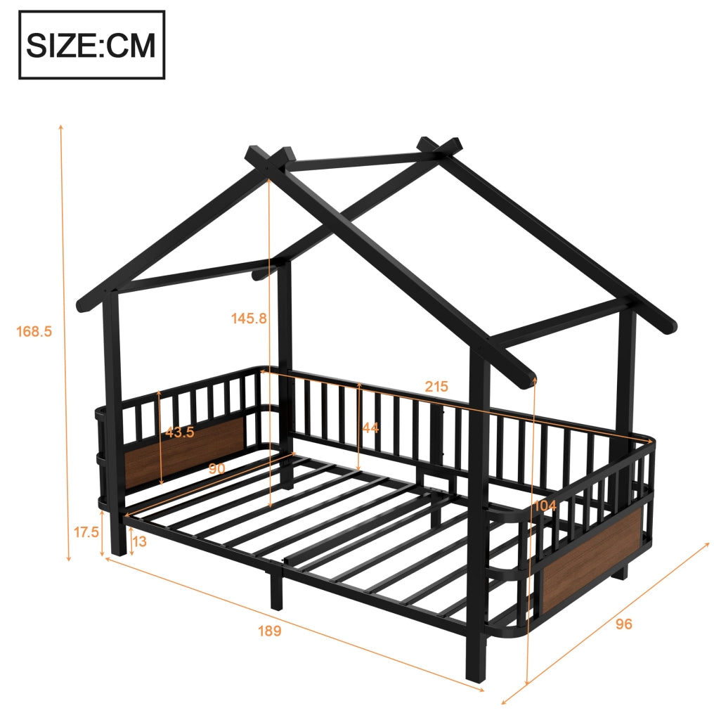 Letto a casetta 90x200 cm con sbarre di sicurezza in metallo nero