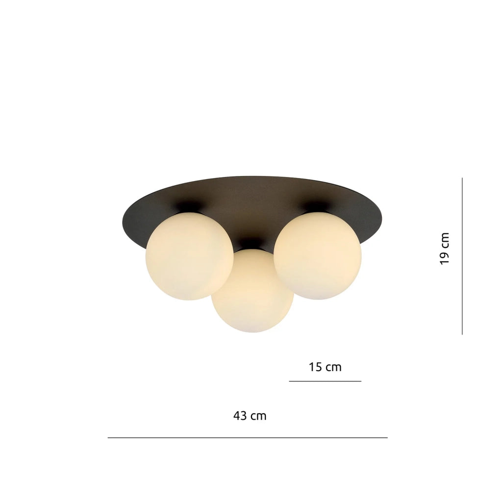 Plafoniera Minimal 3 Luci Mnemosine In Acciaio Nero E Sfere Di Vetro Opale