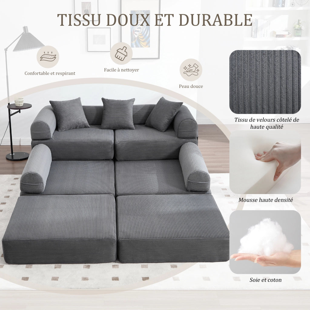 Canapé modulaire con funzione letto e tasca laterale per famiglia e ospiti in velluto a coste grigio scuro da salotto