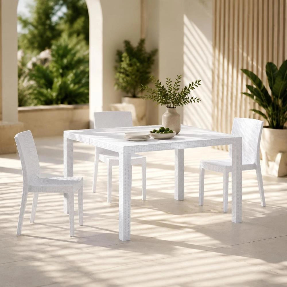 Garden Table, White, 150x90x72 Cm, Plastic, Rattan Look