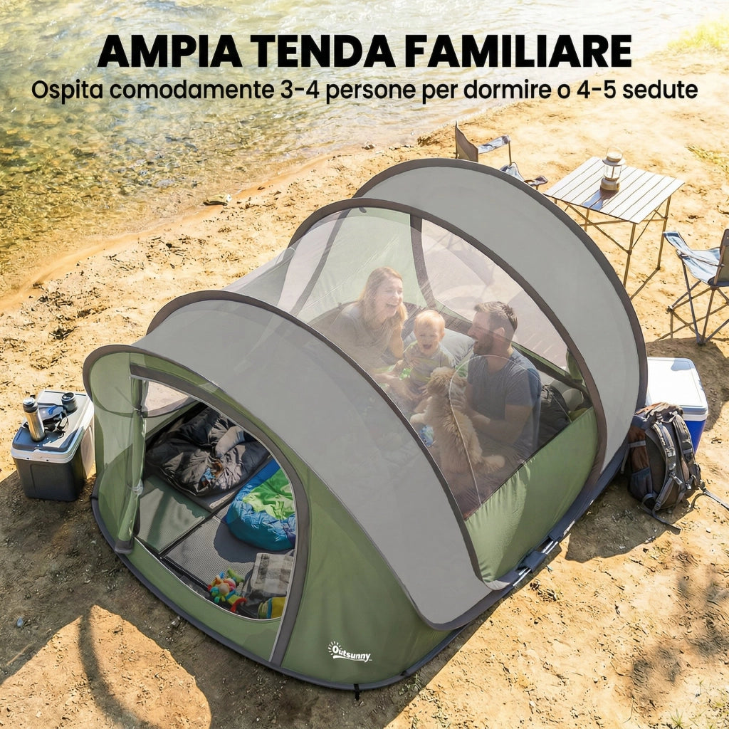 Tenda da Campeggio Pop-Up 4-5 Persone. 2 Porte. 2 Finestre. Impermeabile. Verde