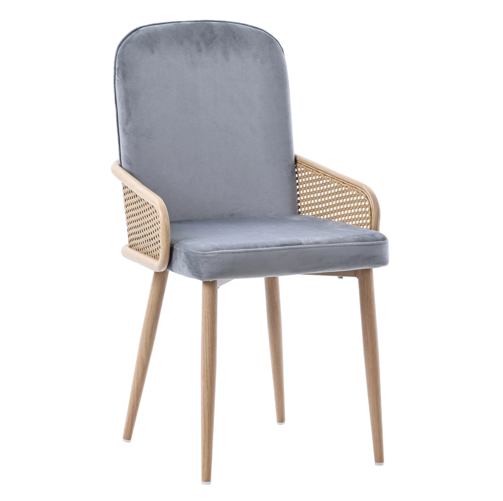 Set 6 sedie da pranzo grigie in velluto, design in rattan e gambe metalliche