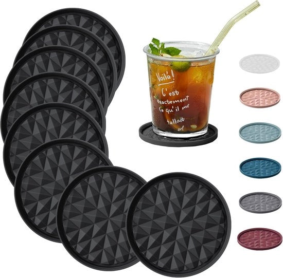 Sottopiedini in silicone [8-pack, senza supporto] - Sottopiedini per bicchieri per proteggere il piano da tavolo - antiscivolo, antiasciutto, decorazione per tavolo da salotto, nero