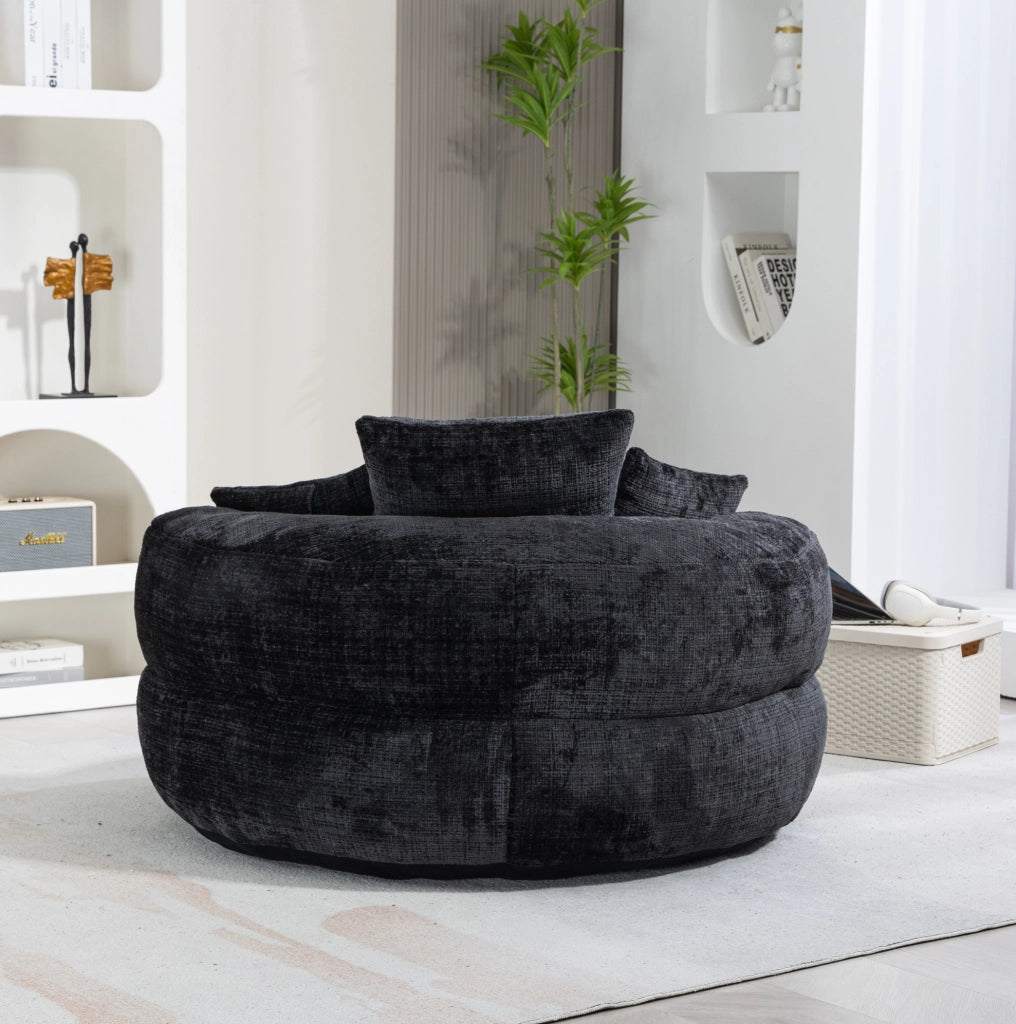 Poltrona sacco relax in ciniglia nera 108x108x52 cm con schienale alto e braccioli
