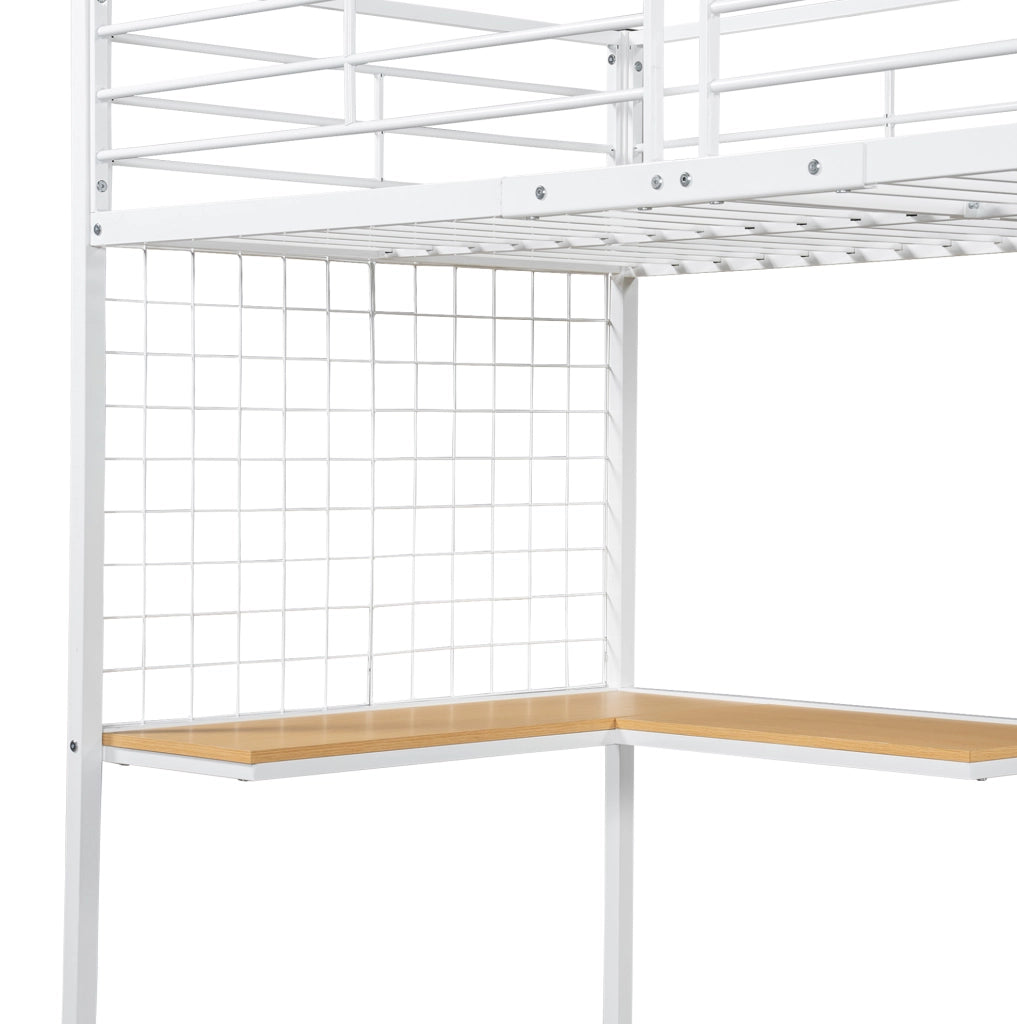Letto a soppalco 90x200 cm con armadio; scala laterale; MDF e metallo bianco naturale