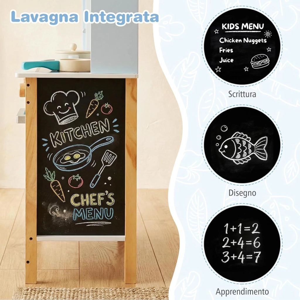 Cucina Giocattolo in Legno per Bambini, Set Cucina Gioco con Lavagna e Accessori Completi, Gioco di Finzione per Bambini 3+ Anni, 61,5 x 26 x 85 cm