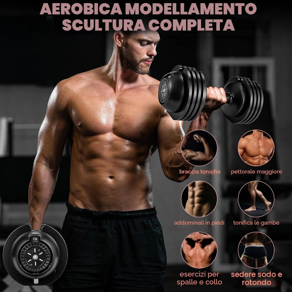 Manubri Regolabili 10kg 20kg 24kg, Set Manubri Componibili con 5 Pesi in 1, Manubri Regolabili Salvaspazio per Allenamento a Casa