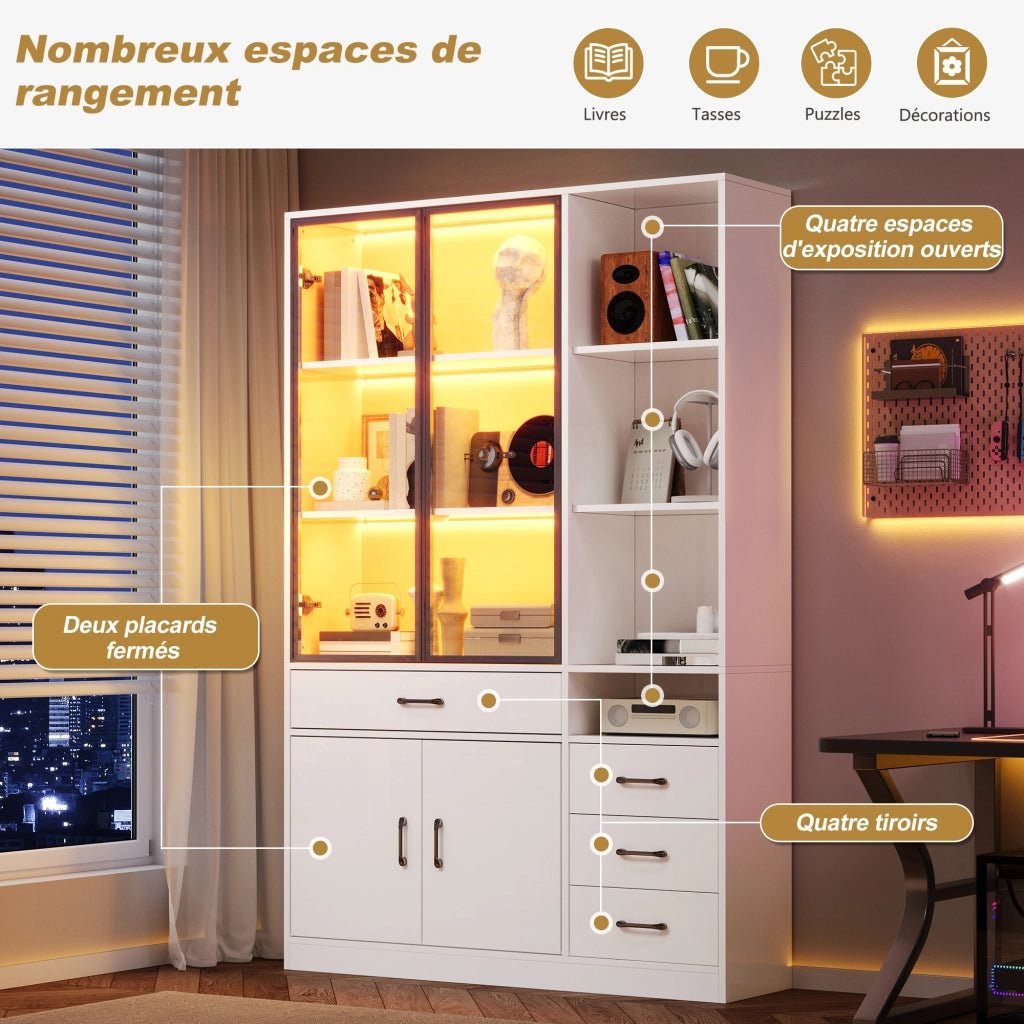 Libreria vetrina con 2 porte in vetro; 4 cassetti; 13 spazi di contenimento; LED; per soggiorno; 120 × 35 × 200 cm