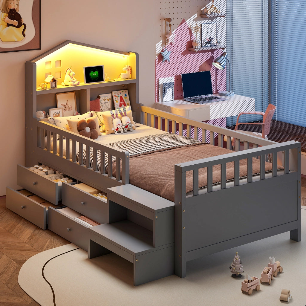 letto per bambini in legno massello grigio 90 x 200 cm