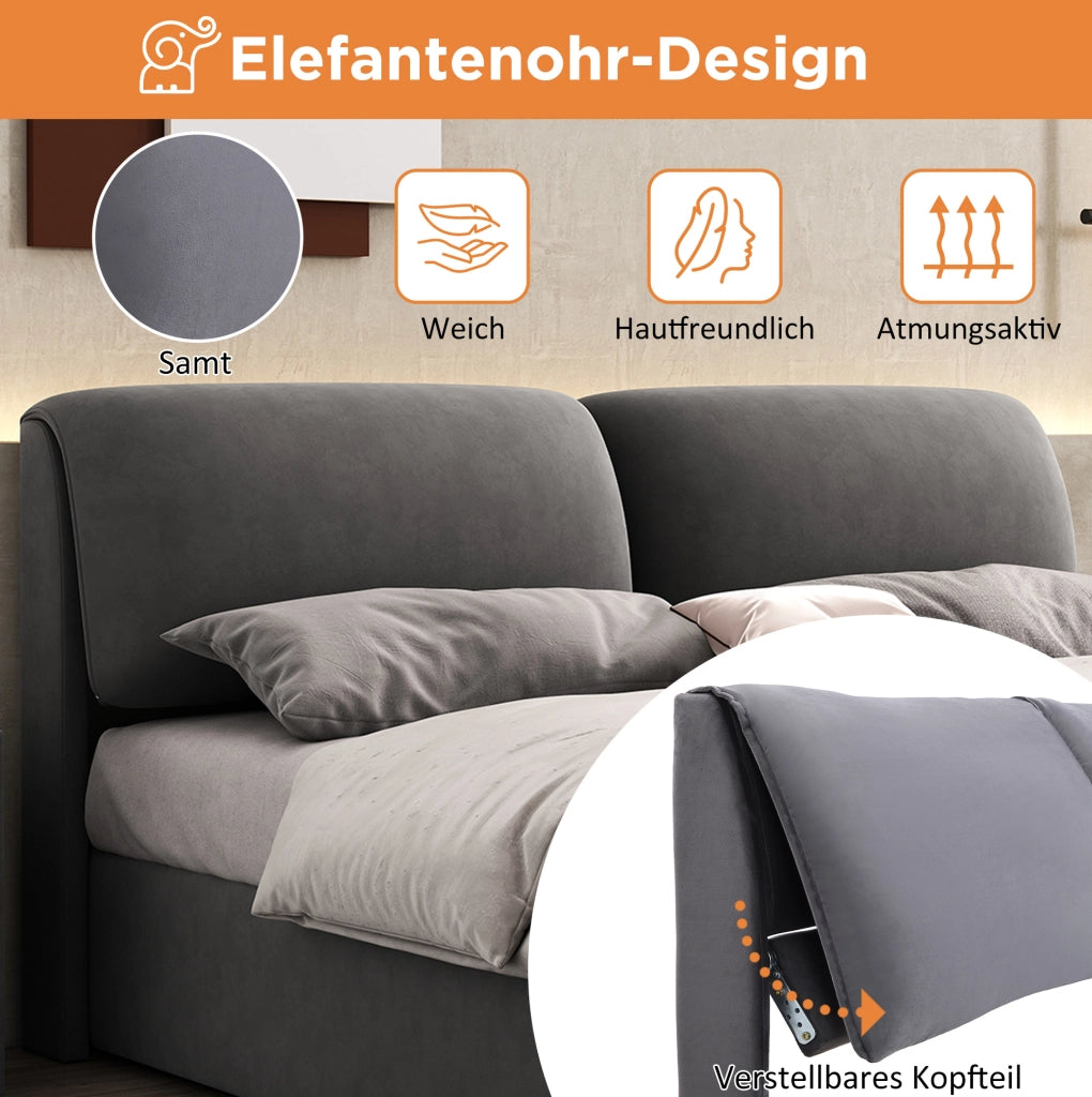 Letto imbottito 180x200 cm in velluto grigio con contenitore