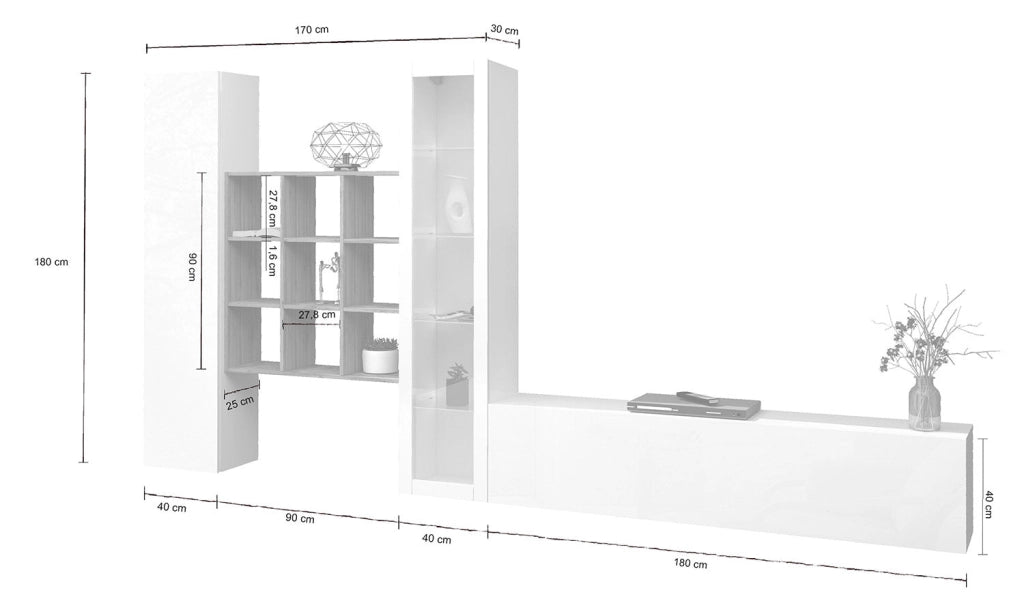 Parete Attrezzata Soggiorno 350x30x180 cm Maruska n°24 Bianco Lucido