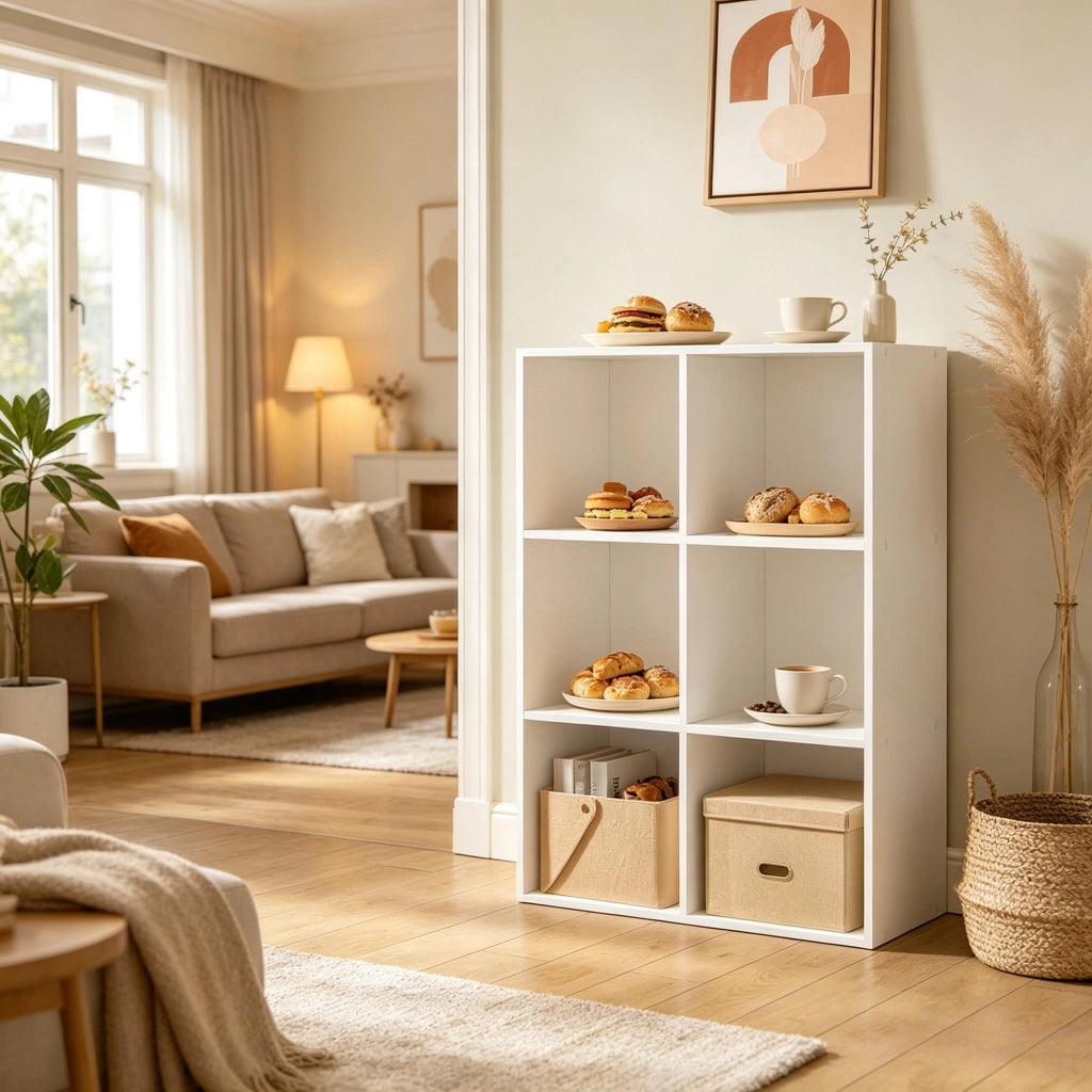 Libreria a cubi bianca in legno ingegnerizzato, 6 scomparti, scaffale da terra multifunzione