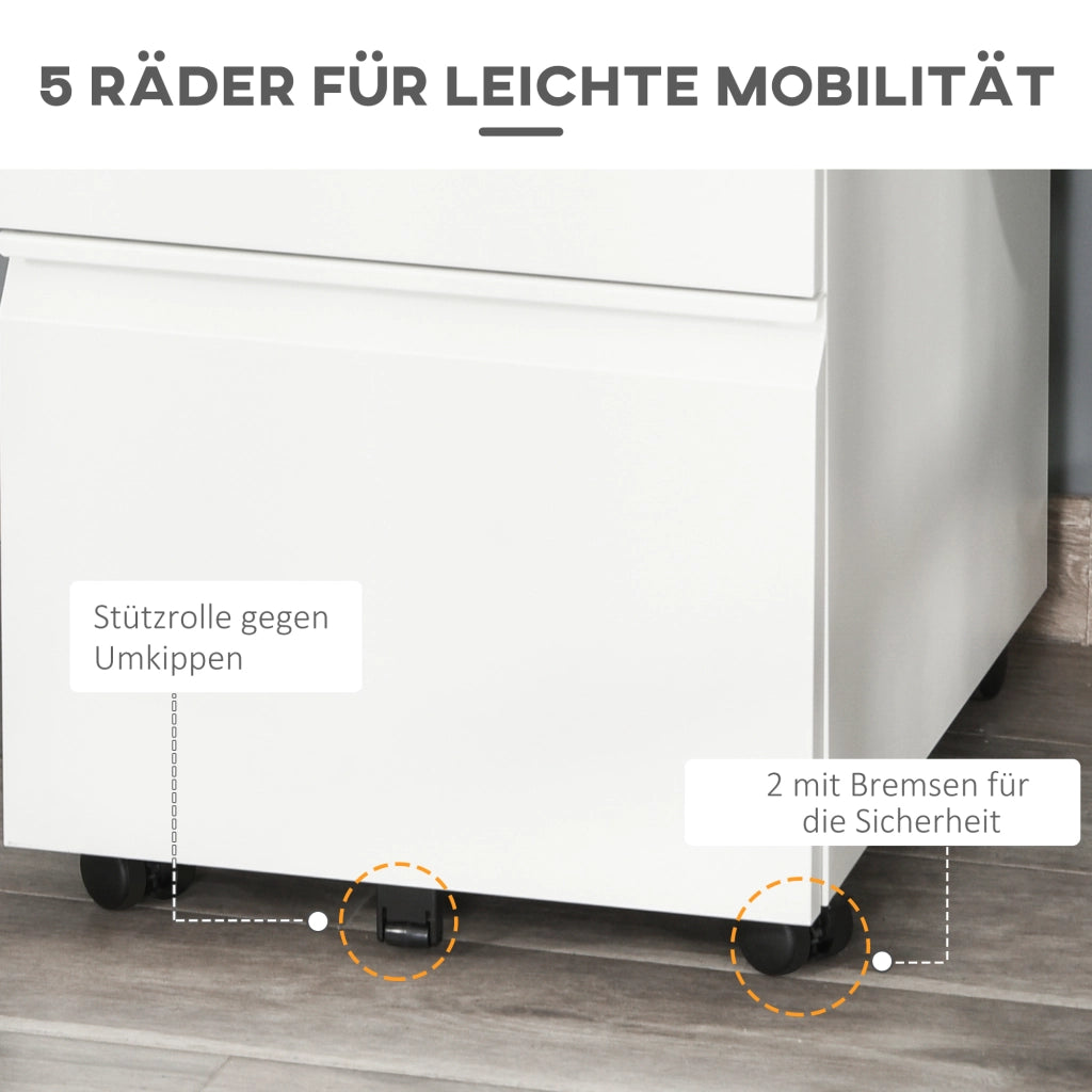 Mobiletto da ufficio mobile con 3 cassetti e ruote, in acciaio compatto con maniglia concava, colore bianco, dimensioni 39x48x60 cm.