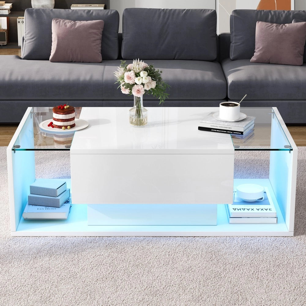 Tavolino da Caff¨¨ con LED e Cassetto ¨C MINIMAL ¨C Vetro Temperato Bianco Lucido 100x50x31