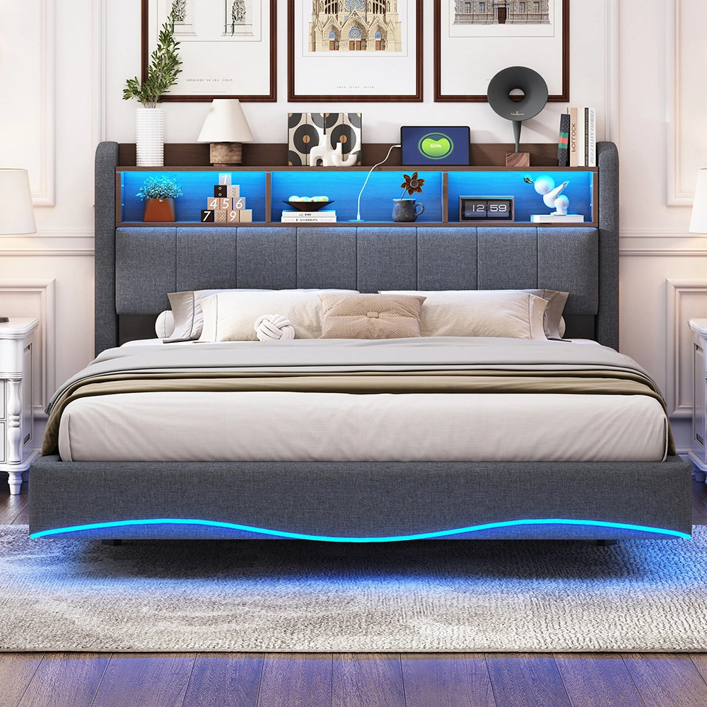 Letto sospeso-Xylo-160x200 cm-LED, USB-C, multifunzione, grigio