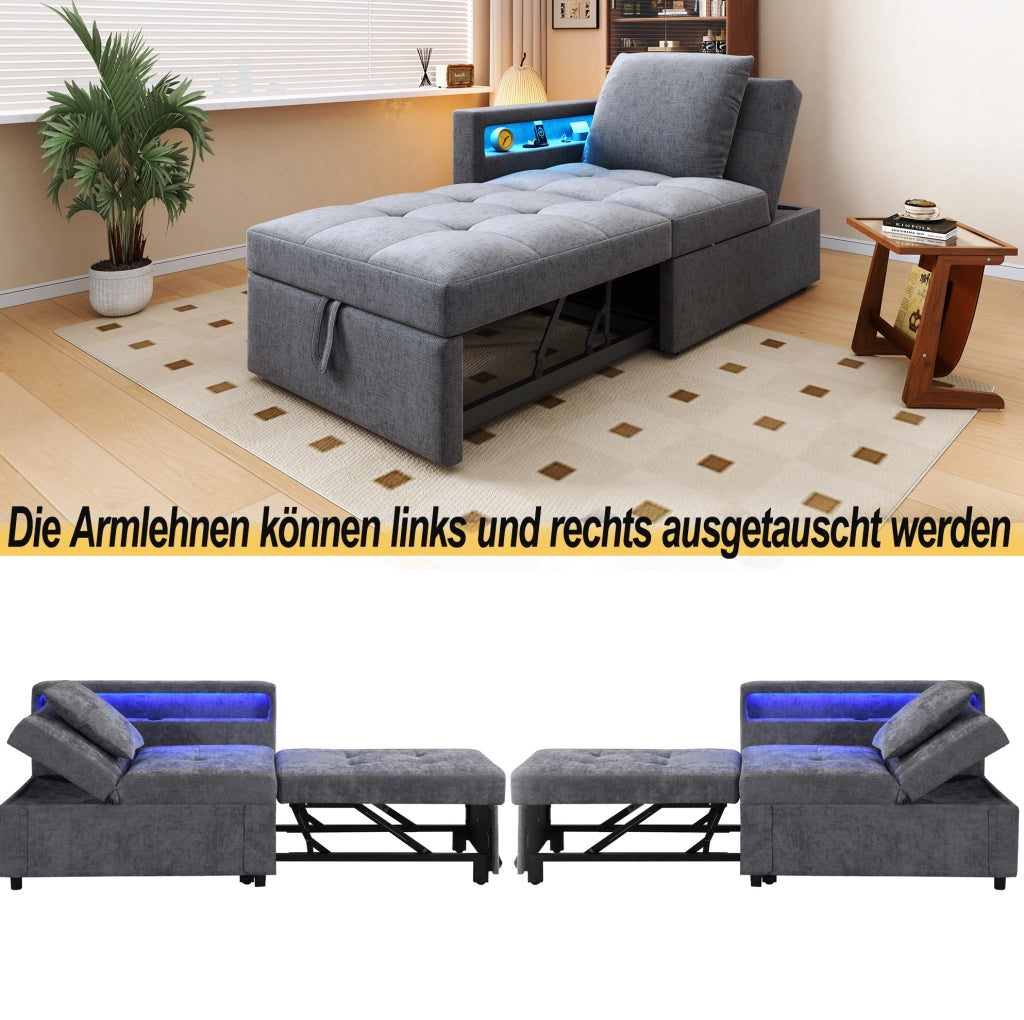 Divano letto 3 in 1 grigio chiaro con schienale regolabile, LED e ricarica