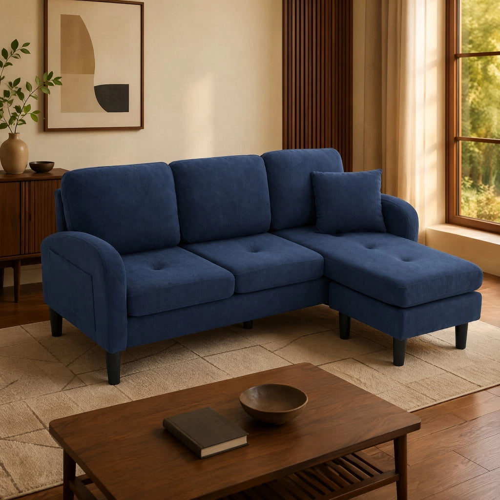 Divano angolare reversibile 3 posti con chaise longue modulare, in tessuto a coste Blu 166 × 118 × 77 cm