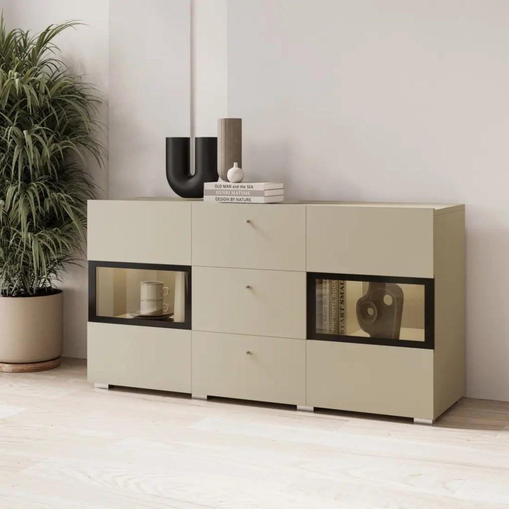Buffet RAMOS 130 cm – Beige chiaro – 2 porte in vetro e 3 cassetti – Senza LED