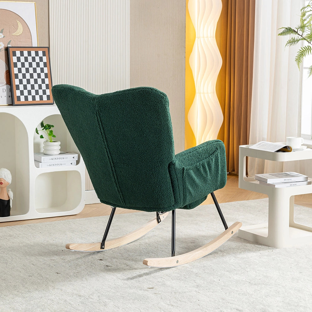 Sedia a dondolo moderna con imbottitura e tessuto peluche - Xylo - Verde con poggiapiedi estensibile