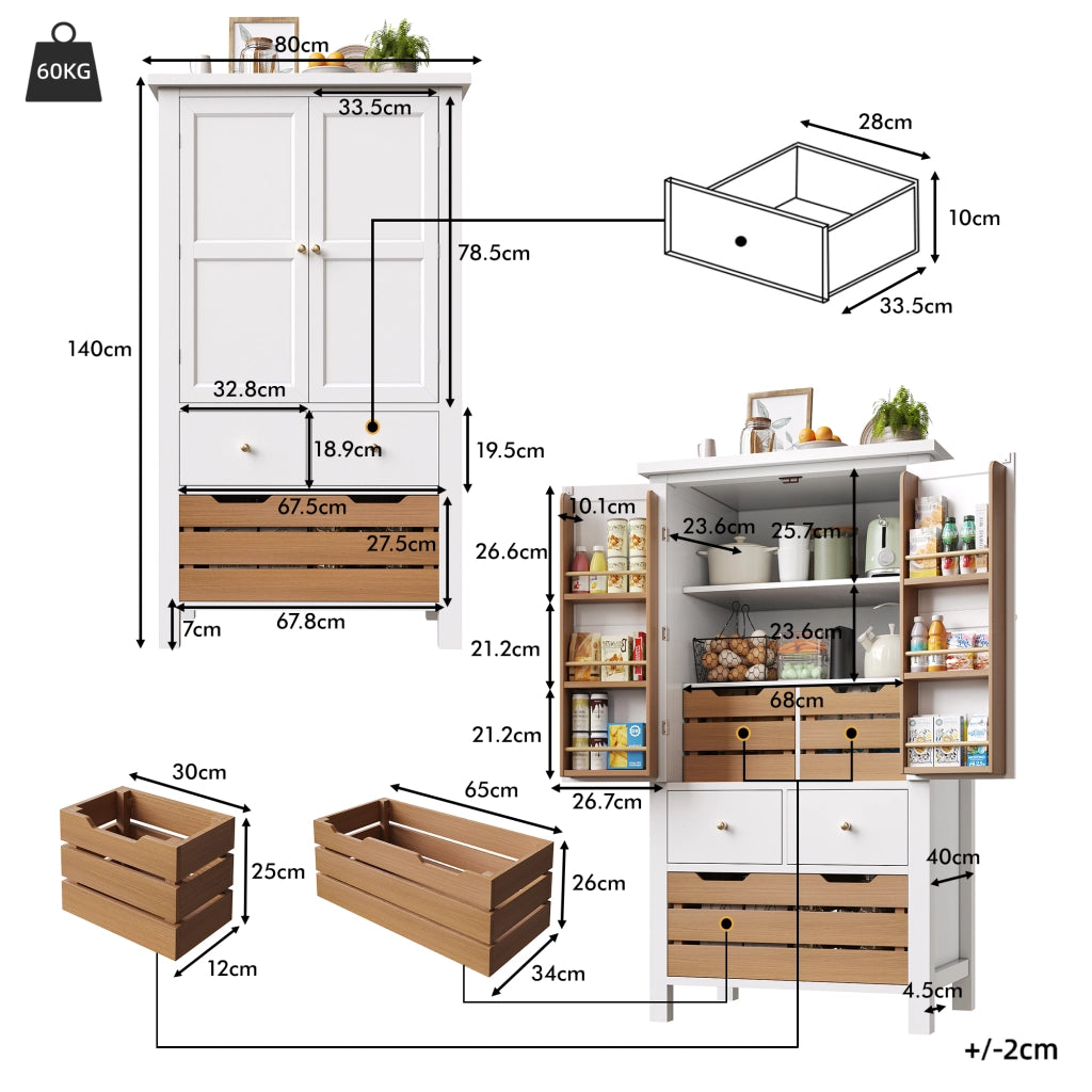 Credenza da Cucina Alta con 2 Ante e 5 Cassetti; Chiusura Magnetica; in MDF; 80x40x140 cm; Bianca