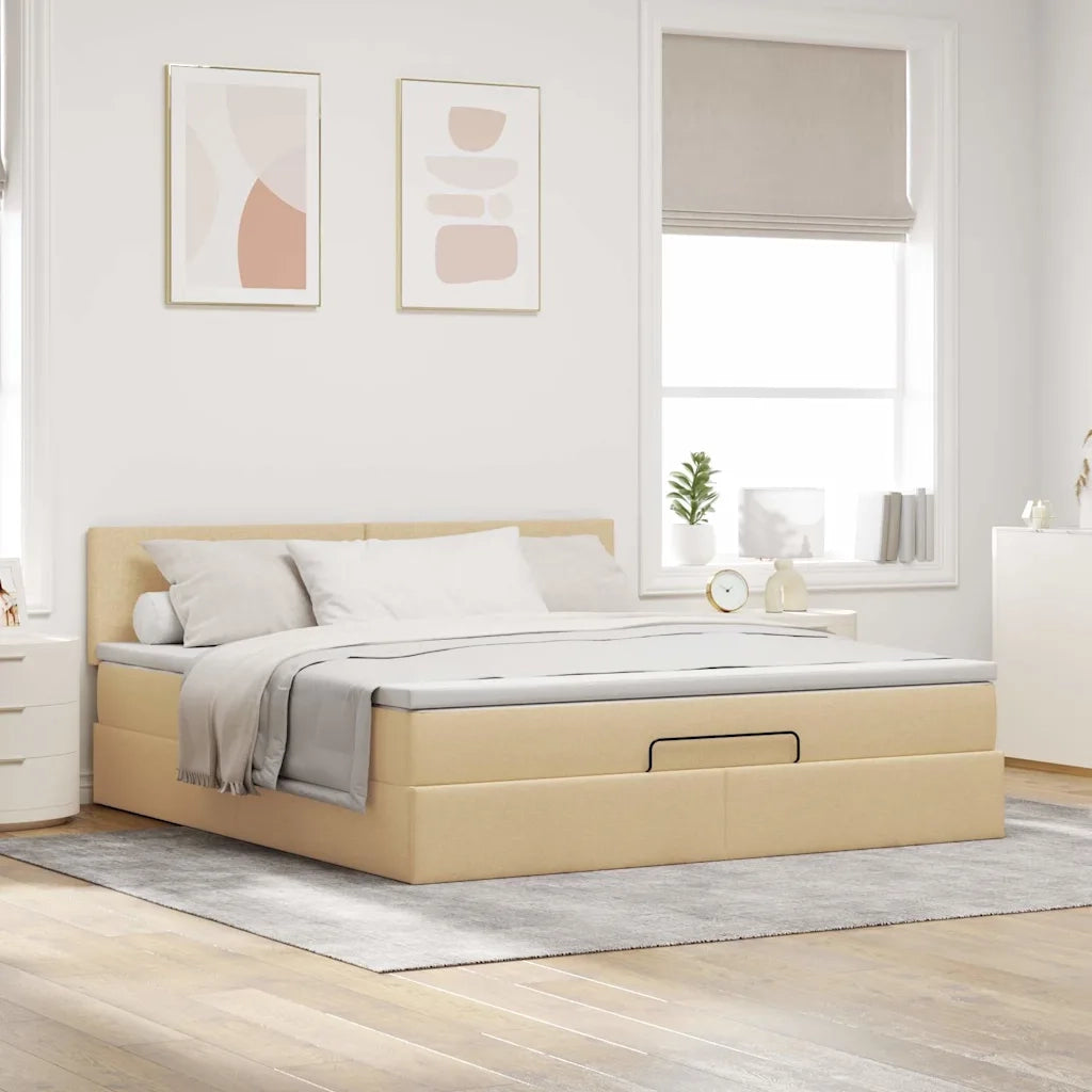 Struttura Letto Pouf con Materasso Crema 160x200 cm in Tessuto 3312241