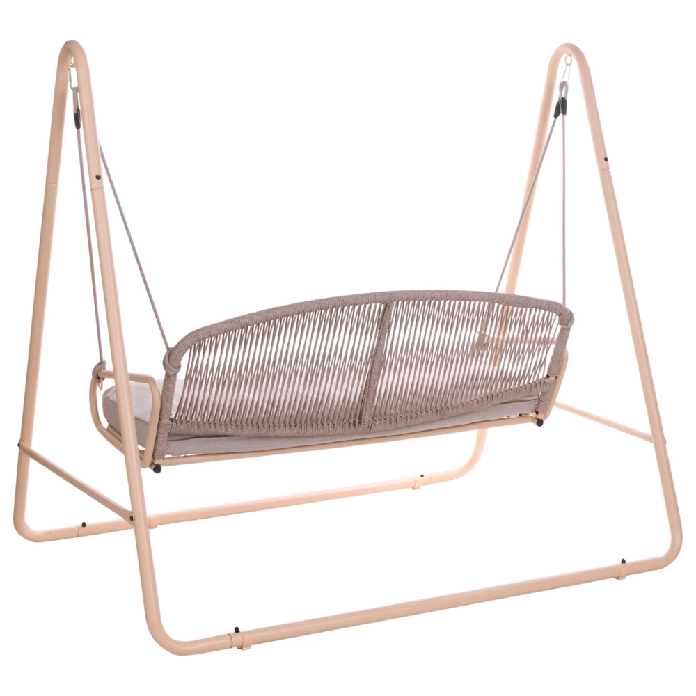 Dondolo da giardino con struttura in acciaio beige, cuscini in tessuto olefinico e schienale in corda intrecciata, a due posti, in stile mediterraneo