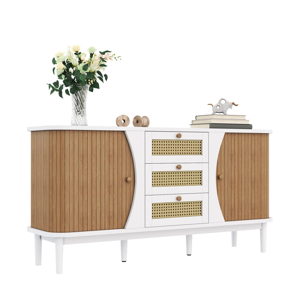 Credenza con 2 Ante 3 Cassetti in Rattan e Ripiani Regolabili per Soggiorno in MDF 140;5 x 40 x 76 cm Bianca