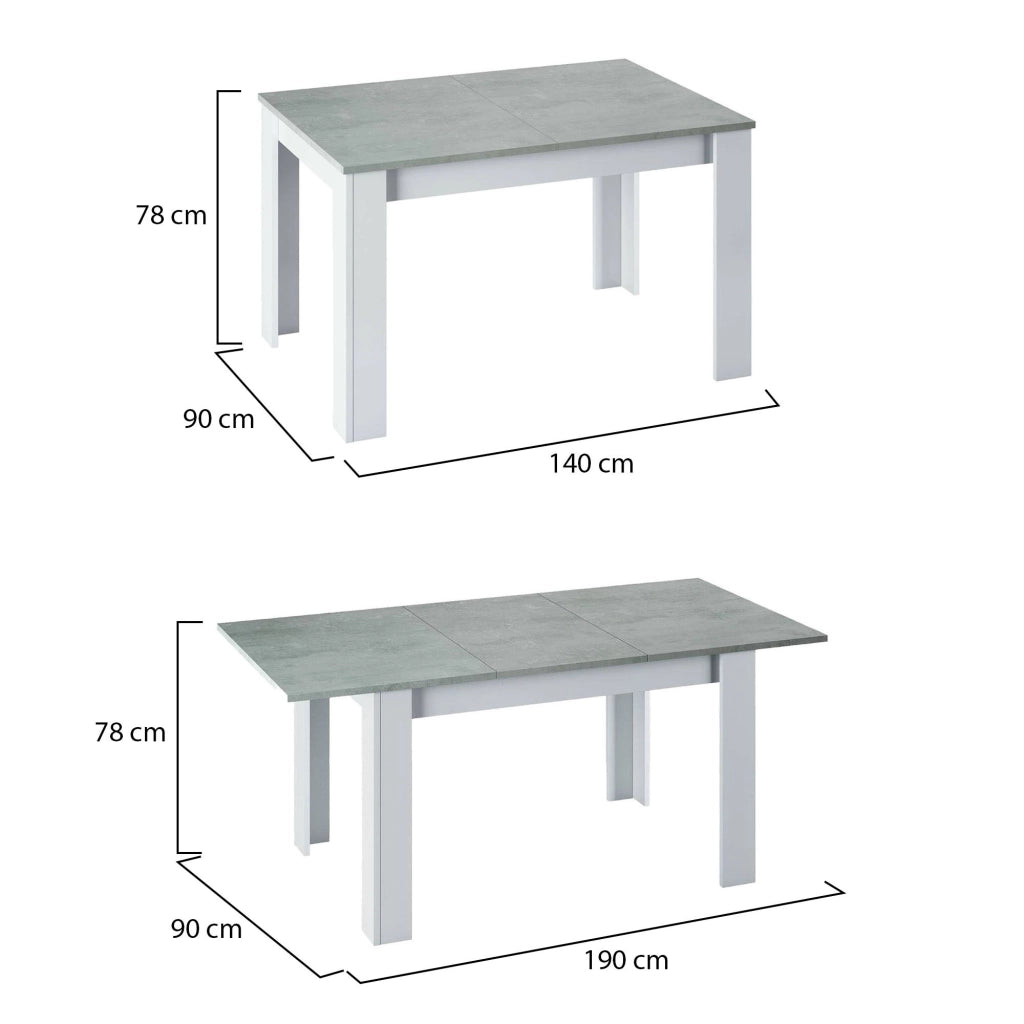 Tavolo allungabile Abudula, Tavolo per sala da pranzo allungabile, Tavolo da pranzo estensibile con allunga, cm 140/190x90h78, Cemento e Bianco