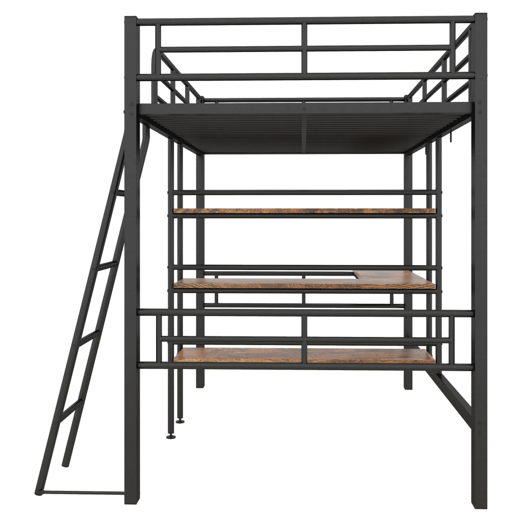Letto a castello nero in metallo con scrivania e scaffali 90x200 cm