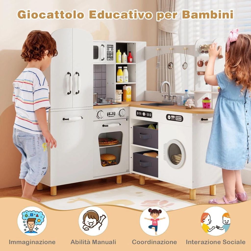 Cucina Giocattolo per Bambini, Cucina da Gioco ad Angolo con Fornelli, Frigorifero, Macchina da Caffè, Microonde, Lavatrice e Accessori, con Suoni e Luci per Bambini 3+ Anni (Bianco)