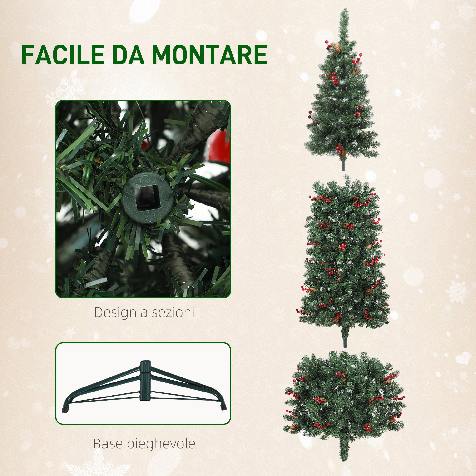 Albero di Natale 210 cm 656 Rami e 300 Luci LED Decorato con 55 Pigne e 55 Grappoli di Bacche Verde e Argento