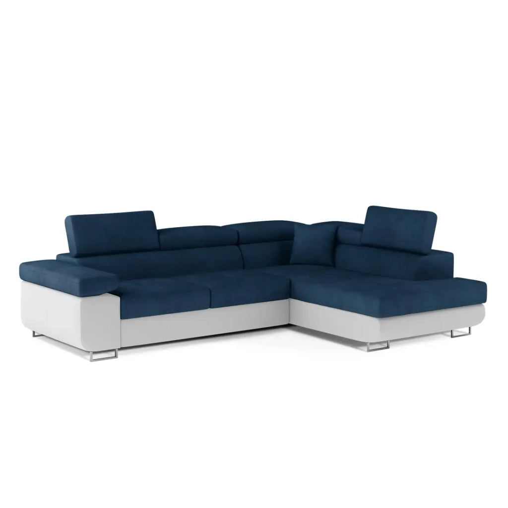 Divano angolare trasformabile MENTON blu scuro e bianco bouclé - Angolo destro con contenitore