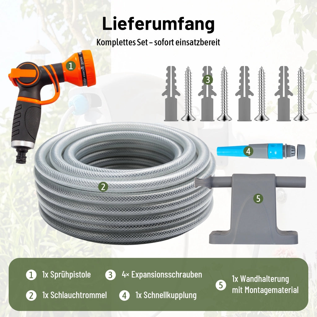Avvolgitubo da giardino automatico da 30 m, montaggio a parete, pistola a spruzzo 9 in 1, resistente ai raggi UV e al gelo, girevole a 180¡ã ¨C
