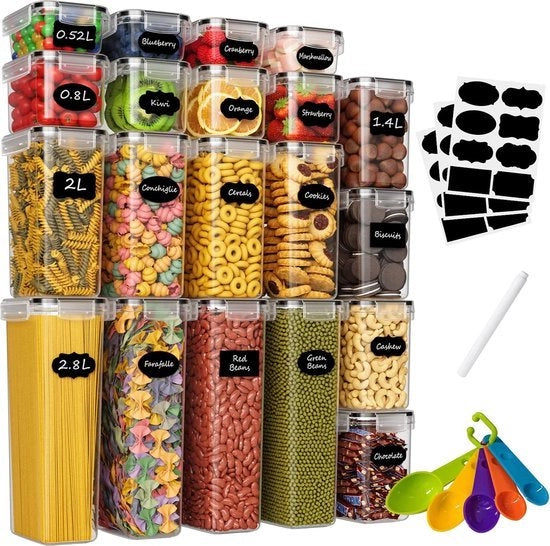 Set di contenitori a chiusura ermetica, 20 pezzi, scatola di conservazione per cucina con coperchio in plastica, contenitori per spaghetti, farina, muesli, cornflakes, 2,8 l, 2 l, 1,4 l, 0,8 l, 0,52 l